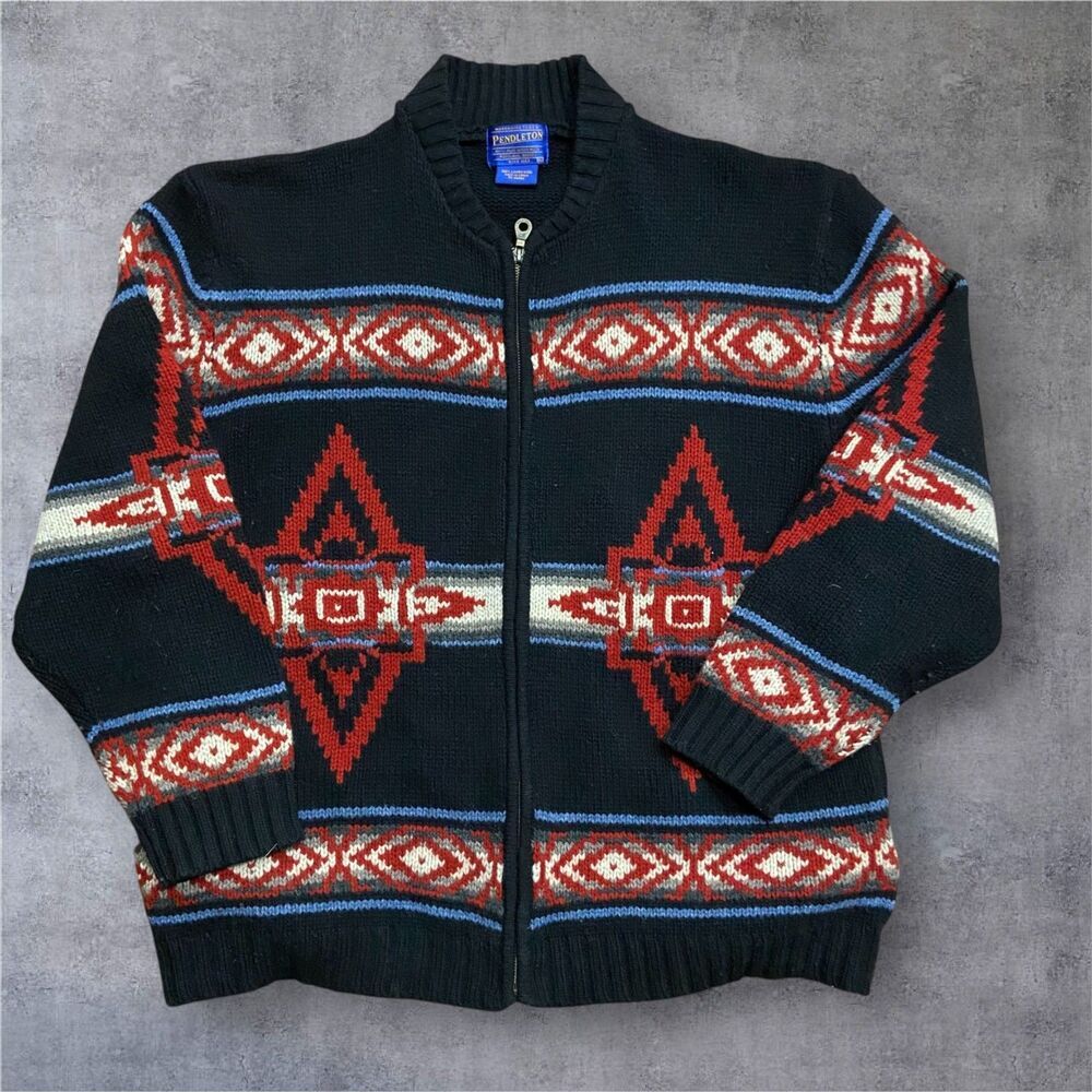 Pendleton Vintage Wool Knit Aztec Southwestern Zip Up Sweater Black Red Men's XL